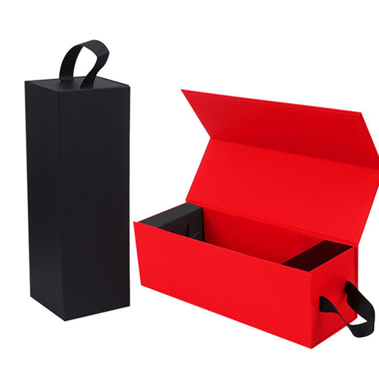 Folding Box Wine Magnetic Paper Luxury Custom Logo Black Red Stamping Foil Rigid Boxes Rectangle Paperboard Accept Custom Print