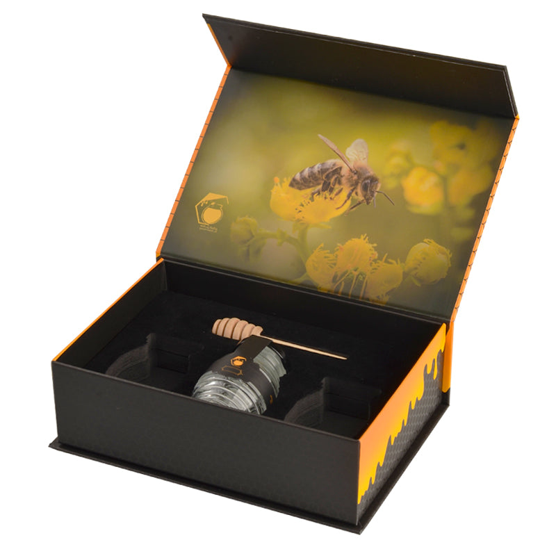 Luxury Paper Cardboard Honey Jar Bottle Packaging Black Elegant Magnetic Honey Box